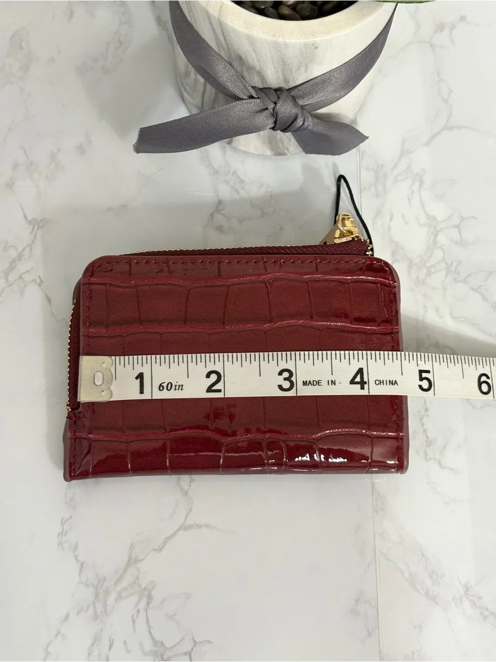 MANGO Burgundy Croc-Effect Small Credit Card/Coin Zipper Wallet